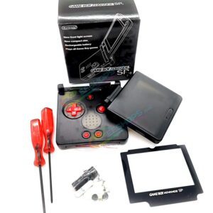 Nintendo GameBoy Advance SP Extra Housing Case Shell Clear Black + Collection Storage Box Replacement, Best Game Boy GBASP Console, Custom DIY Outer Enclosure + Screen Cover, Screws, Red Buttons, Luminous Pad / Plug, Sticker, Tools