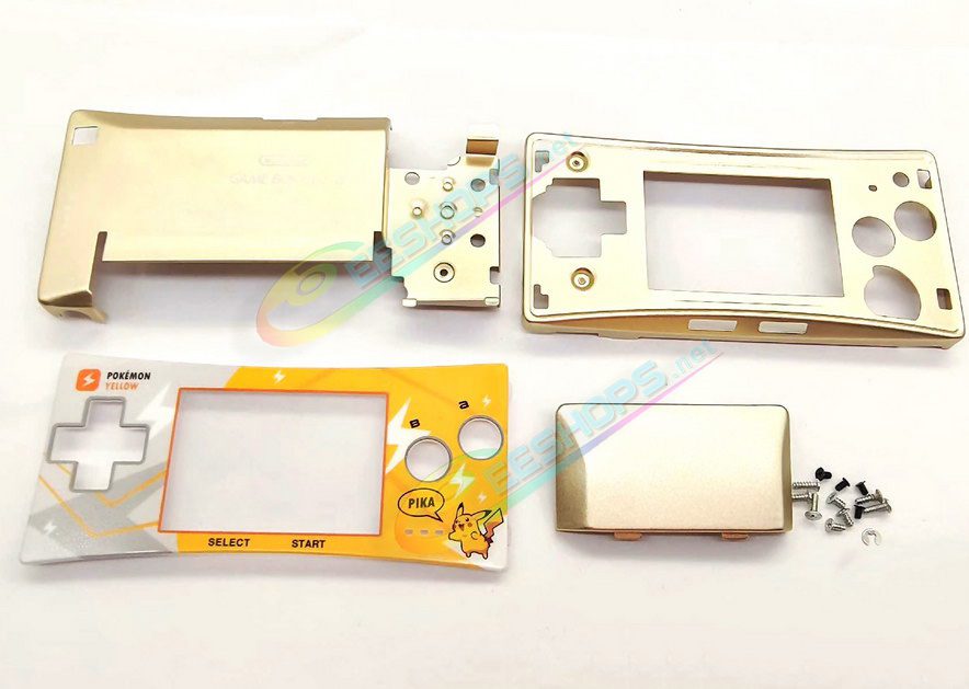  Cheap Nintendo GameBoy Micro Extra Housing Case Gold Pokemon Yellow Limited Faceplate Replacement, Best GBM Handheld Console Customized Pikachu Edition Outer Enclosure Top / Bottom / Battery Cover Plates + Screws Accessories Free Shipping 