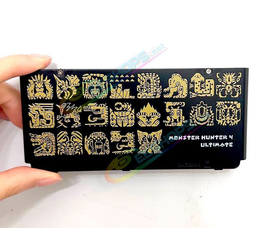 Best Nintendo New 3DS Extra Shells Replacement Cover Plates Monster Hunter 4 Ultimate Limited Edtion, Cheap New3DS Small Handheld Game Console, Black Backplate Gold Monsters Manual Logos Outer Top / Bottom Faceplate Coverplate 2 PCS Set Free Shipping