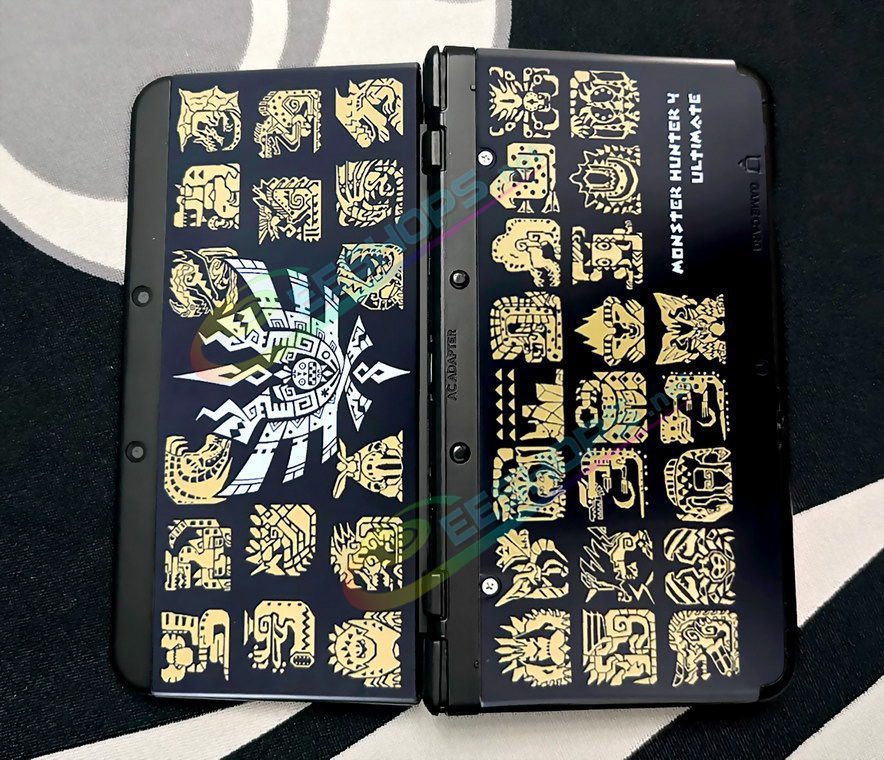Best Nintendo New 3DS Extra Shells Replacement Cover Plates Monster Hunter 4 Ultimate Limited Edtion, Cheap New3DS Small Handheld Game Console, Black Backplate Gold Monsters Manual Logos Outer Top / Bottom Faceplate Coverplate 2 PCS Set Free Shipping