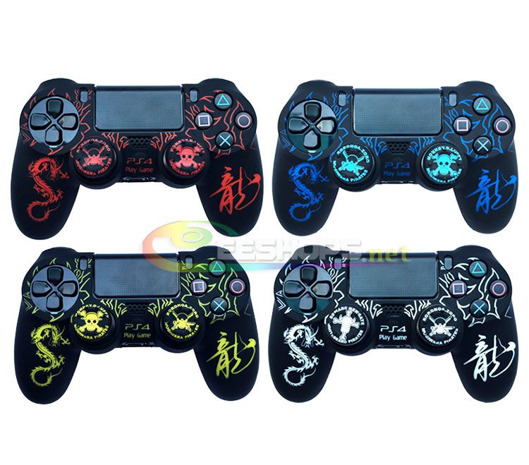 New Silicone Skin Protector Case Protective Sleeve Cover for Sony Playstation 4 PS4 DualShock 4 Wireless Controller Chinese Dragon Pattern + One Piece Thumb Grips