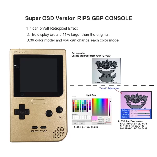 Refurbished Nintendo Gameboy Pocket GBP Complete Game Console Machine, Retro Pixel Large Display Q5 IPS LCD Mod Kit with Backlight OSD Adjustable High-Brightness Gold Color Housing Case