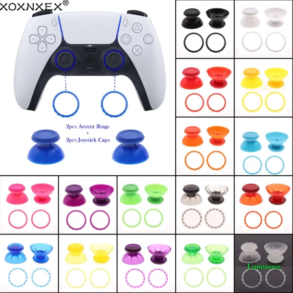 PS5 Controller Clear Thumbstick Joystick Cover + Accent Ring Pack 2 Set Replacement, for Sony PlayStation 5 Controllers, Multi-Color Non-Slip 3D Analog Joy Stick Mushroom Cap w/ Decorative Rings Accessories