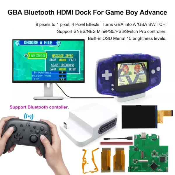 Nintendo Game Boy Advance HDMI Out Bluetooth Converter Dock V5 IPS Screen Mod Kit, HD 720P TV GBA Switch USB-C Station + Replacement Housing Case for PS5/PS4/Xbox One/Switch Pro Wireless Controllers