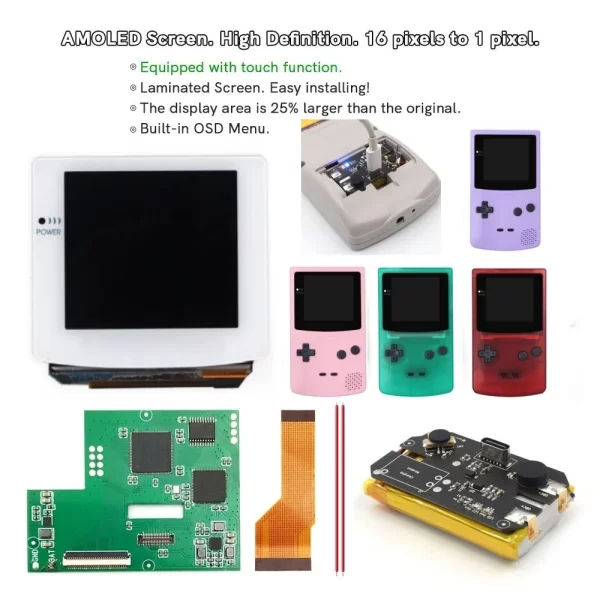 New Upgrade GBC AMOLED Touch Laminated Screen Drop IPS Mod Kit, for Nintendo GameBoy Color Console Modded, White Larger 3.1 Inch HD Retro Pixel OLED Display with Lithium Battery / Housing Case Full Set