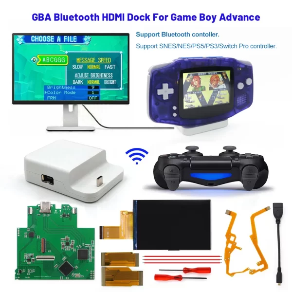 GBA IPS LCD Screen Mod Kit + HDMI Bluetooth Dock + Multi-Color Housing Case Full Set, for Nintendo GameBoy Advance Console, 720*480 Retro Pixel GBA Switch to TV Adapter Station for Bluetooth Wireless Controllers