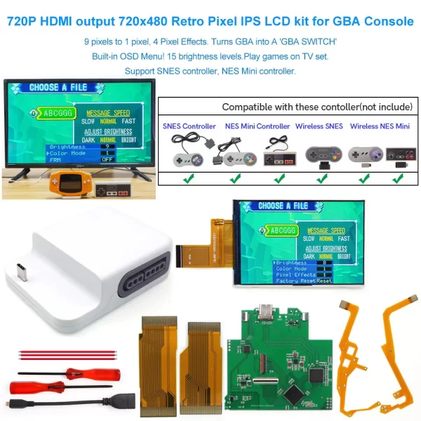 GBA IPS LCD HDMI Bluetooth Dock Kit for Nintendo GameBoy Advance Console, GBA to TV Adapter Station 720*480 Retro Pixel Support PS3 PS4 PS5 Xbox One Wii Switch Pro Joy-con Wireless Controllers - Image 2