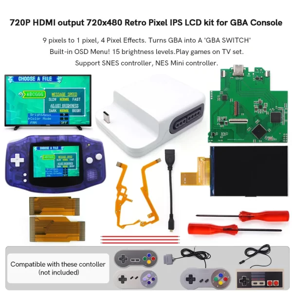 GBA IPS LCD HDMI Bluetooth Dock Kit for Nintendo GameBoy Advance Console, GBA to TV Adapter Station 720*480 Retro Pixel Support PS3 PS4 PS5 Xbox One Wii Switch Pro Joy-con Wireless Controllers
