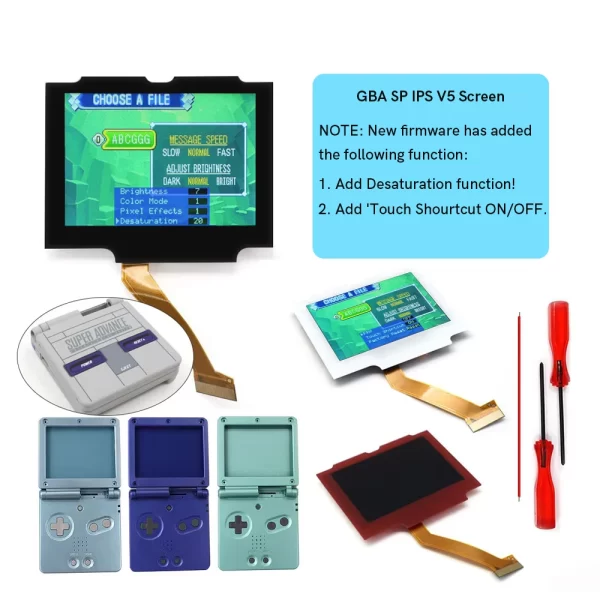 High-definition 3.0 Inch GBA SP IPS V5 Pre-Laminated Screen Kits for Nintendo Gameboy Advance High brightness backlight LCD + Desaturation Function No Cutting Required