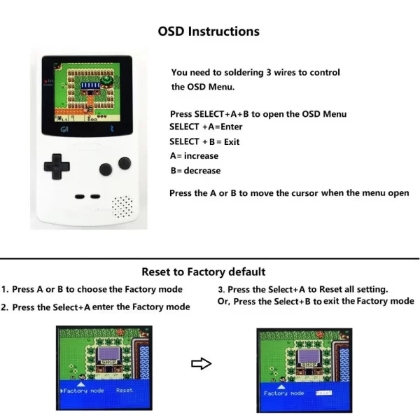 Brand New GBC IPS LCD Kit Super OSD RETRO PIXEL 25% Larger SCREEN with Backlight High Brightness Retro Pixel Touch Sensor w/ 32 Logo Colors for Gameboy Color Game Console, Customised Housing Case + Glass Screen Lens Accessories - Image 5