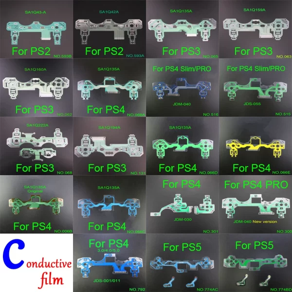 PS5 PS4 PS3 PS2 Controller KeyPad Flex Cable Circuit Board Ribbon Replacement, for Sony PlayStation 5 4 3 2 Pro Slim Wireless Controllers, Conductive Film PCB Conducting Flexible Cables Spare Parts Accessories