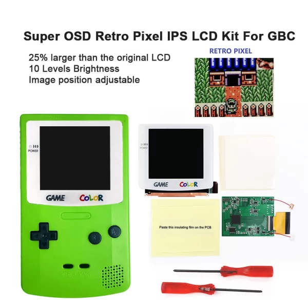 GBC V5 Laminated IPS Mod Kit White Glass Lens Screen with Backlight + Apple Green Pre-cut Housing Case Shell Set Replacement, for Nintendo Gameboy Color 25% Larger Display Retro Pixel OSD Menu 10lv High Brightness Accessories - Image 2