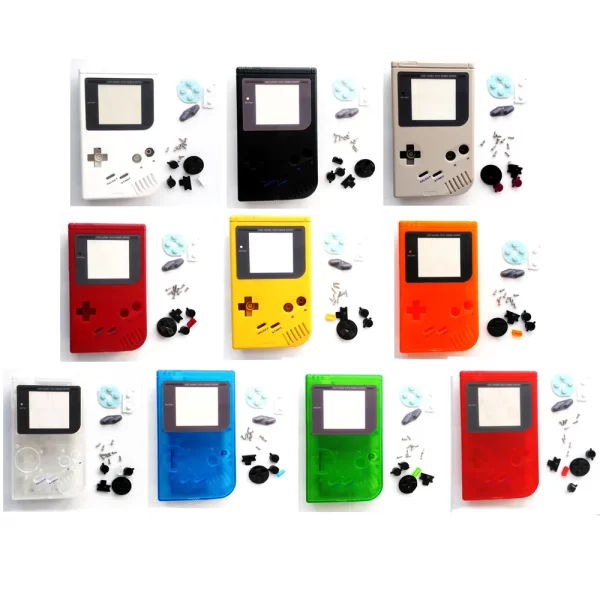 New GB GBO DMG Extra Housing Case Shells Full Set Replacement, for Nintendo Gameboy Original Classic Handheld Game Console, Multi Colors Clear Outer Enclosure + Screen Lens Cover, Buttons, Rubber Pads, Screws, Tool Accessories