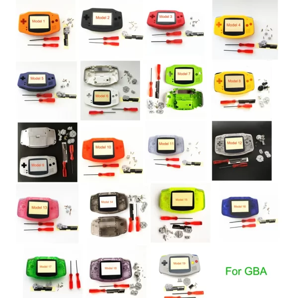 New GBA Extra Housing Case Shells Full Set Replacement 19 Colors Available, for Nintendo Gameboy Advance Original Console, Clear / Classic Color Outer Enclosure + Buttons / Screen Lens / Rubber Pads / Label / Tools Accessories