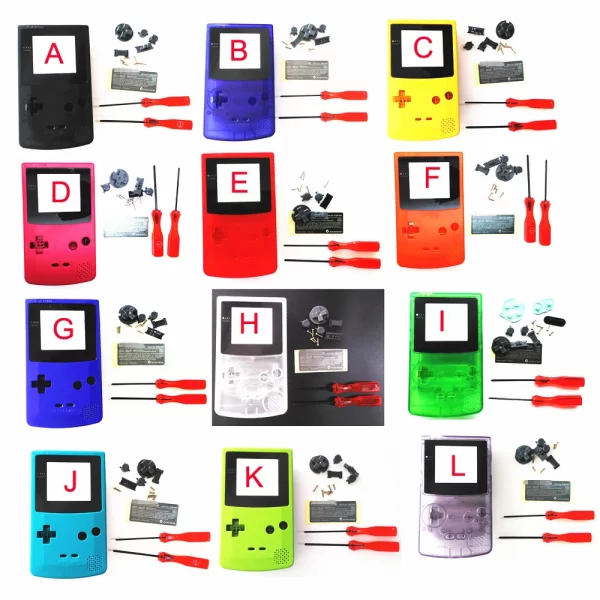 New GBC Extra Housing Case Shells Full Set Multi-Color Replacement, for Nintendo Gameboy Color Handheld Game Console, DIY Outer Cover Enclosure + Plastic Screen Lens, Buttons, Screws, Sticker, Rubber Pads, Screwdriver