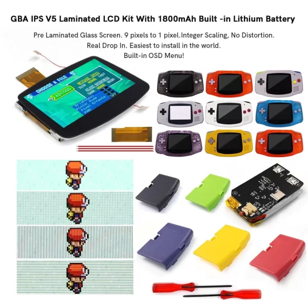 GameBoy Advance GBA V5 IPS Laminated Screen Backlight LCD Mod Kit 3.0 Inch Large High-Brightness Display with 1800mAh Power USB-C Rechargeable Battery Pack + Pre-Cut Housing Case Shells Full Set Accessories