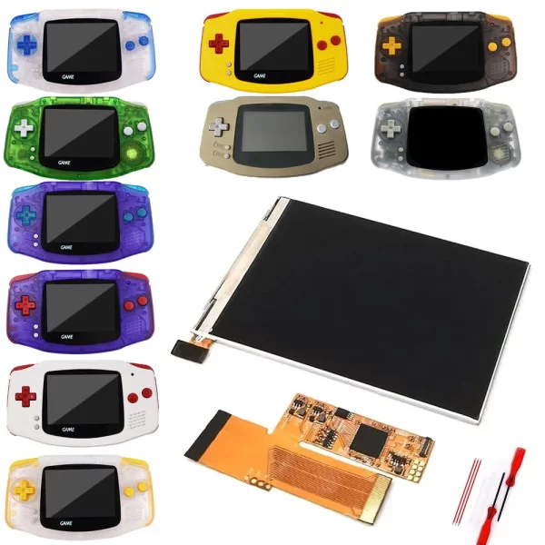 New GBA V2 IPS LCD Mod Kit Retro Game Replacement Screen Upgrade, Gameboy Advance High Brightness Backlight Display + Multi-Color Pre-cut Housing Case set + Customised Black Glass Screen Lens + Repair Tools Accessories