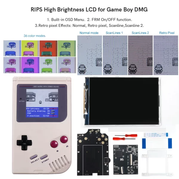Gameboy Original GBO GB DMG V5 IPS LCD Backlight Screen Mod Kit + Customized Housing Case Shells Set with Speaker, Retro Pixel Display FRM OSD Menu RIPS 36 Color Adjustable High Brightness Full Accessories - Image 2