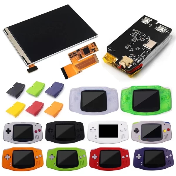 GBA V2 IPS LCD Backlight KIT With 1800mAh Lithium Battery Backlit for Nintendo GameBoy Adavance High Brightness Screen Mod + USB-C Charging Battery Pack + Customized Trimmed Housing Case Shell Full Set w/ Glass Sscreen Lens