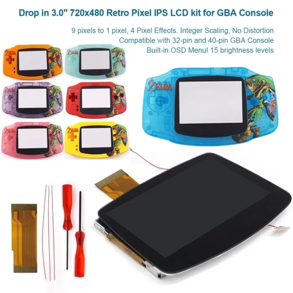 Gameboy Advance GBA V5 Laminated Screen IPS LCD Mod Kit + Customized Housing Case Shells Set, High-Definition 720x480 Retro Pixel Backlight 3.0'' Large Display w/ Glass Screen Lens OSD Menu Brightness Adjustable Accessories
