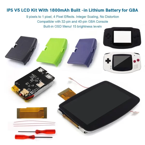 GameBoy Advance GBA V5 IPS Laminated Screen Backlight LCD Mod Kit 3.0 Inch Large High-Brightness Display with 1800mAh Power USB-C Rechargeable Battery Pack + Pre-Cut Housing Case Shells Full Set Accessories - Image 2