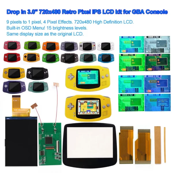 GBA IPS Retro Pixel LCD 3.0 Inch Drop In Screen with Backlit Mod Kit, Gameboy Advance High-Brightness 720x480 Display 9 Pixels to 1, Compatible 32pin & 40pin with Housing Case Set + Glass Screen Lens No Need to Cut Shell Accessories