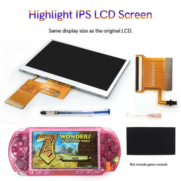 PSP1000 IPS Highlight Screen LCD Mod Kit Replacement, for Sony PlayStation Portable 1000 Original Fat Console, Easy to Install Full-view Display 480x272 Resolution, No Cutting / Adapter Required, Spare Parts Accessories