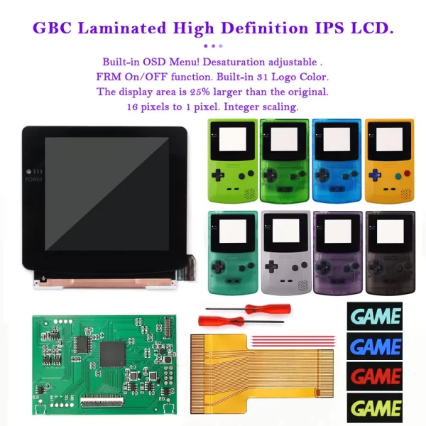 GameBoy Color GBC Drop in GBC IPS Q5 Backlight LCD Laminated Screen Mod Kit + Pre-cut Housing Case Shells Set, High Definition Display Adjustable High Brightness Retro Pixel Mode Build in OSD RETRO PIXEL Menu Accessories
