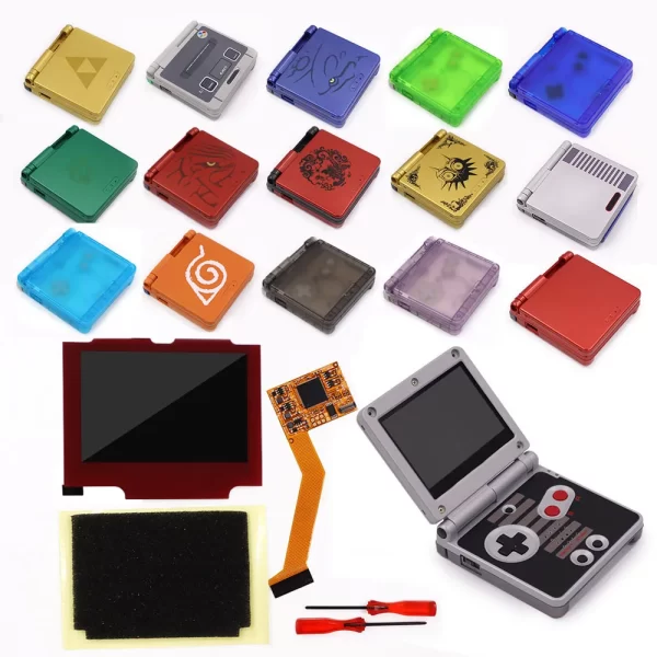 GBA SP IPS V2 LCD Backlight Screen Mod Kit + Pre-Cut Housing Case Shell Set Replacement, for Nintendo GameBoy Advance SP Handheld Console AGS-001 & 101, Retro 4 Pixel to 1 High-Brightness 10 Levels Red Glass Lens Accessories