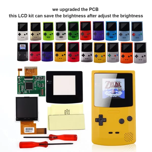 DIY No Cut GBC Backlight Screen High Brightness IPS LCD Mod Kit Replacement, for Nintendo Gameboy Color 2.2 Inch Display Modded + Multi Colors Housing Case Shell Set + Customized Glass Screen Lens Cover + Tools Easy Installation