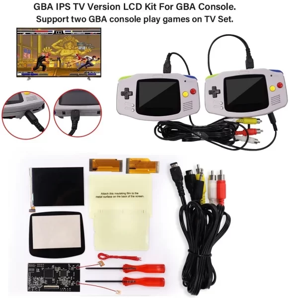 GBA V2 IPS Backlight LCD Screen Mod Kit + Pre-Cut Housing Case Shell Glass Screen Lens Full Set + 3 Meters Video Output to TV Link Cable Adapter, Gameboy Advance Modded Brightness Adjustable Accessories