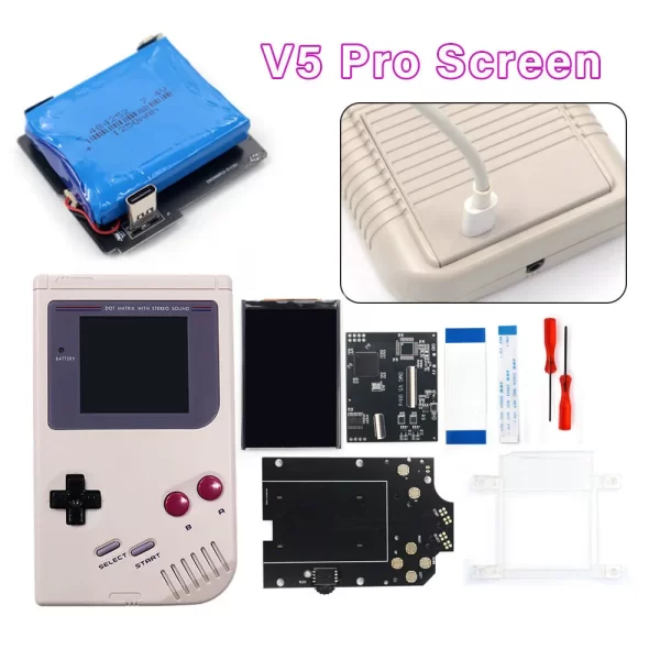 New GBO GB DMG V5 Pro IPS Screen Mod LCD Kit High-Brightness Backlight Display + Pre-Cut Housing Case Shells Set + 1250mAh Rechargeable Battery Pack, USB-C Charging Gameboy Classic Original Upgrade Full Accessories