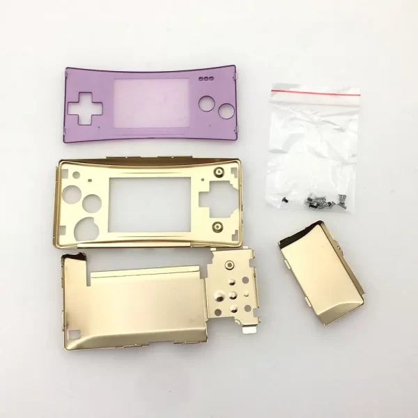 Personalized GBM Extra Housing Case + Top Faceplate Set Gold & Pink / Purple Replacement, for Nintendo Gameboy Micro Game Console, Premium Chrome Plating Cover Plate + Aluminum Enclosure Shell + Screws New Accessories