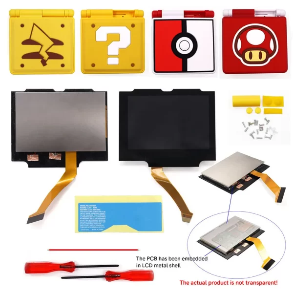 GBA SP V5 IPS LCD Mod Kit 3.0 Inch Drop in HD Pre-Laminated Backlight Screen Replacement, Gamboy Advance SP High Brightness 720x480 Display Retro Pixel Desaturation OSD Menu with Custom Housing Case Full Set Accessories