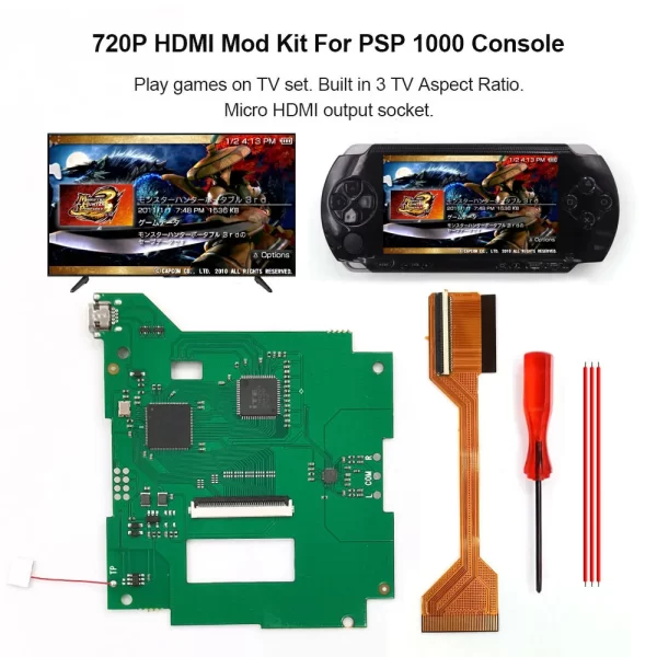 PSP 1000 Internal Digital HDMI TV Mod Kit Replacement, for Sony PlayStation Portable 1000 720P HDMI-Compatible Micro Output Converter Module, Playing Games on TV 3 Aspect Ratio, PCB Board + Mini HDMI Adapter + Ribbon Flex Cable - Image 2