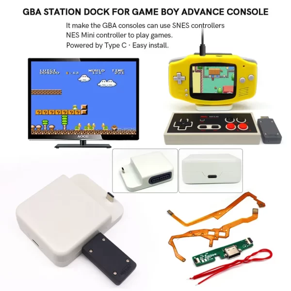 GBA USB-C Portable Gaming Switch Station, Playing Games on TV HDMI Output Adapter Converter Module Dock, for IPS Screen Mod Gameboy Advance 40 / 32 Pins Support SNES NES Mini Wired Wireless Controller Type-C Charging Accessories