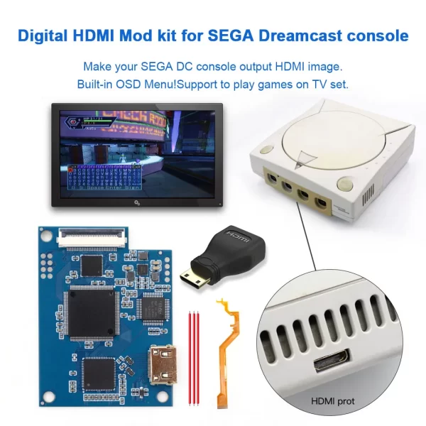 Sega Dreamcast DC Internal Digital HDMI MOD Kit Replacement, 1080P HDTV AV HDMI Output Module Adapter for Dreamcast VA0 VA1 Motherboard, OSD Menu High Brightness, PCB Board + Mini HDMI Adapter + Flex Cable Accessories - Image 2