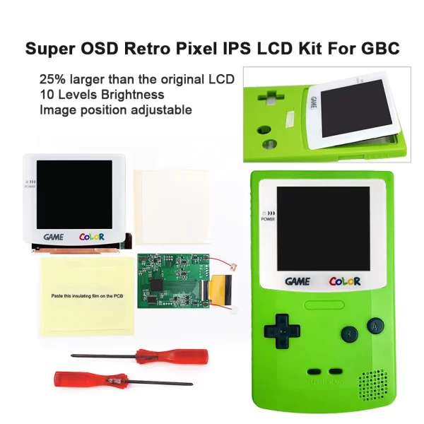 GBC V5 Laminated IPS Mod Kit White Glass Lens Screen with Backlight + Apple Green Pre-cut Housing Case Shell Set Replacement, for Nintendo Gameboy Color 25% Larger Display Retro Pixel OSD Menu 10lv High Brightness Accessories