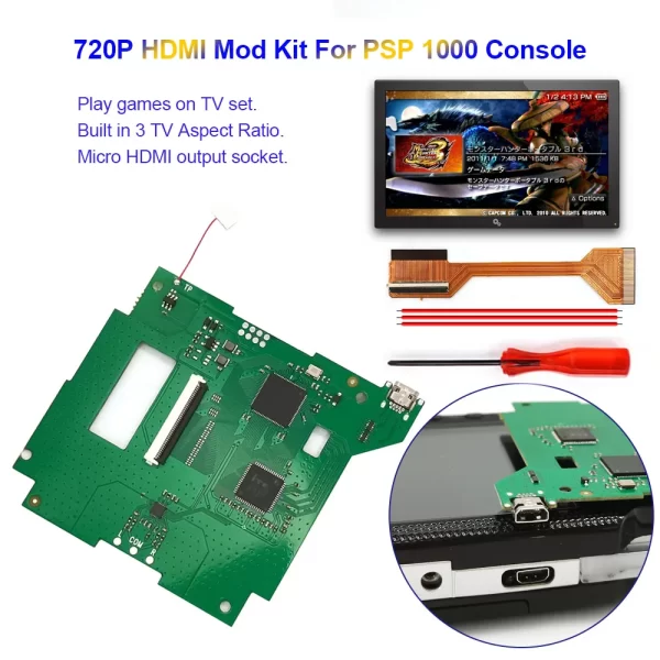 PSP 1000 Internal Digital HDMI TV Mod Kit Replacement, for Sony PlayStation Portable 1000 720P HDMI-Compatible Micro Output Converter Module, Playing Games on TV 3 Aspect Ratio, PCB Board + Mini HDMI Adapter + Ribbon Flex Cable