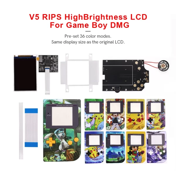 Gameboy Original GBO GB DMG V5 IPS LCD Backlight Screen Mod Kit + Customized Housing Case Shells Set with Speaker, Retro Pixel Display FRM OSD Menu RIPS 36 Color Adjustable High Brightness Full Accessories