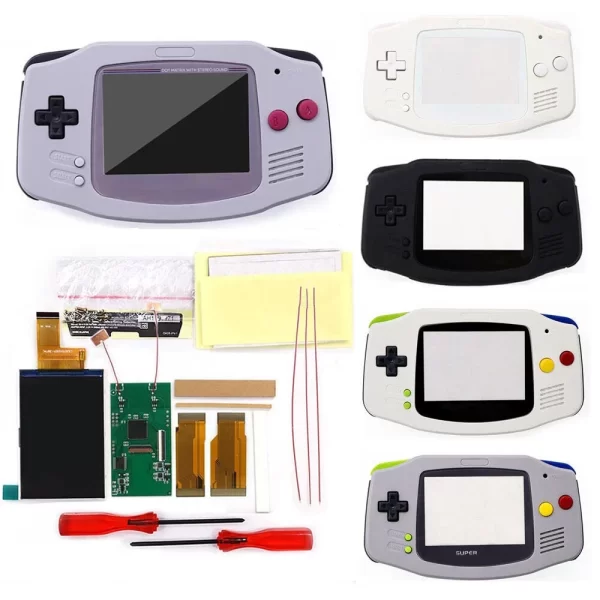 GBA V4 Drop In IPS LCD Mod Kit 3.0 Inch Backlight High-Brightness Screen Pure Black Glass Lens, for Nintendo Gameboy Advance, with Housing Case No Need to Cut Shell, 720x480 Display Retro Pixel w/ OSD Menu Supports 32pin / 40pin