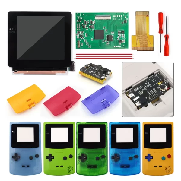 GBC IPS Q5 Laminated LCD Screen Mod Kit + Customized Pre-Cut Housing Case Shells Set + 1500mAh Rechargeable Lithium Battery Pack w/ Glass Lens, High Brightness 20 Level Desaturation Adjustable Desaturation OSD Menu Full Set