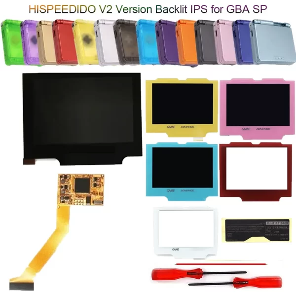 GBA SP IPS V2 LCD Mod Kit High Brightness Screen with Backlight + Clear Multi-Color Pre-Cut Housing Case Shell Full Set, for GameBoy Advance SP Console AGS-001 & 101, Glass Lens Ultra-high Contrast Display 178 Degree viewing Angle