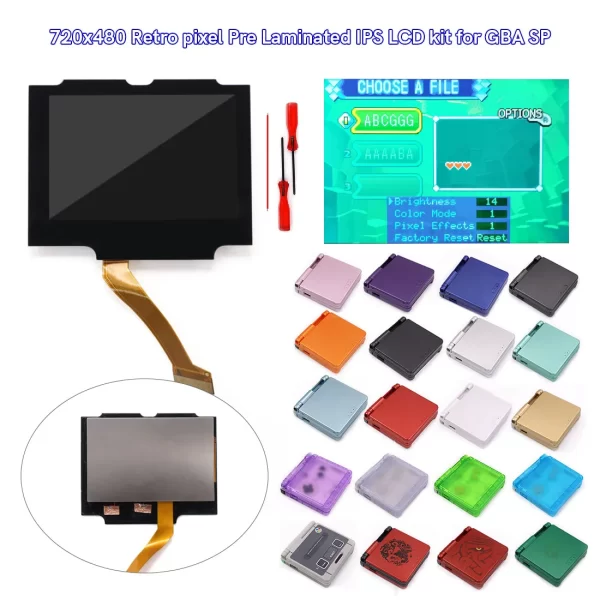 New GBA SP Easy Install IPS V5 Screen Pre-Laminated Backlight Mod Kit Replacement, for Nintendo Gameboy Advance SP Handheld Game Console, 720x480 Retro Pixel Real Drop in Same Size IPS LCD Glass Lens + Multi Color Housing Case