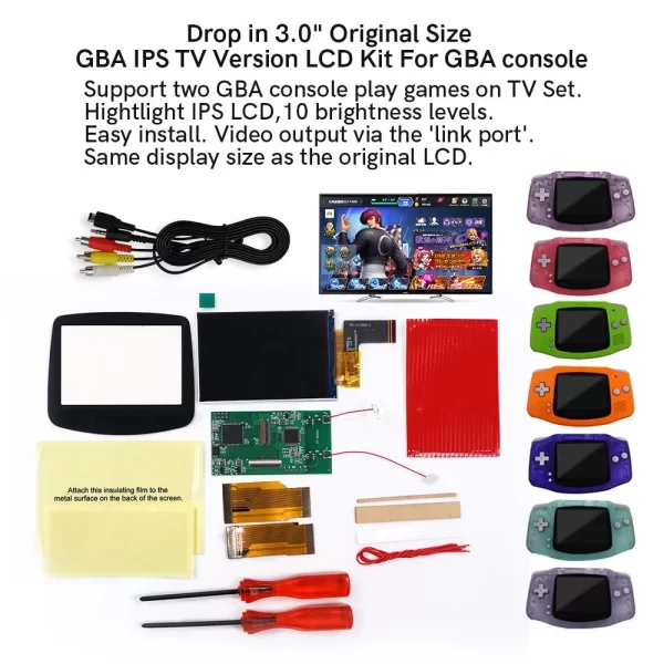 Gameboy Advance IPS LCD Mod Kit Drop In 3.0 Inch Original Size Backlight Screen with TV Output Port, 3M GBA to TV OUT Video Link Cable + Pre-Cutting Housing Case Shells Set w/ Glass Screen Lens + Repair Tools Accessories