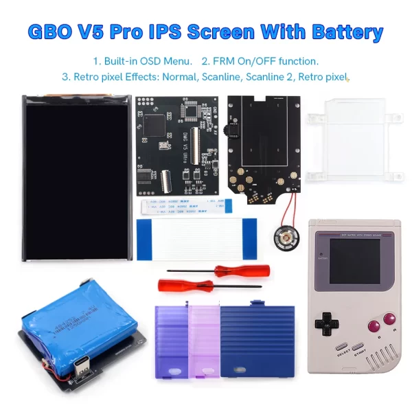 GameBoy Original GB DMG V5 IPS Screen Backlight LCD Mod Kit + Pre-Cut Housing Case Shell w/ Speaker + 1250mAh Rechargeable Battery USB-C Charging Upgrade, RIPS OSD FRM Retro Pixel Display Adjustable Brightness