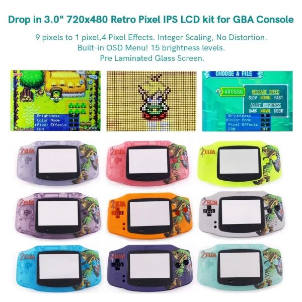 New GBA Laminated HD LCD IPS Backlight Screen Mod Kit V5 + Zelda Series Customized Housing Case Shells, 720x480 Retro Pixel 9?to 1 Display Glass Screen Lens OSD Menu 15 Adjustable High Brightnes Full Set Accessories