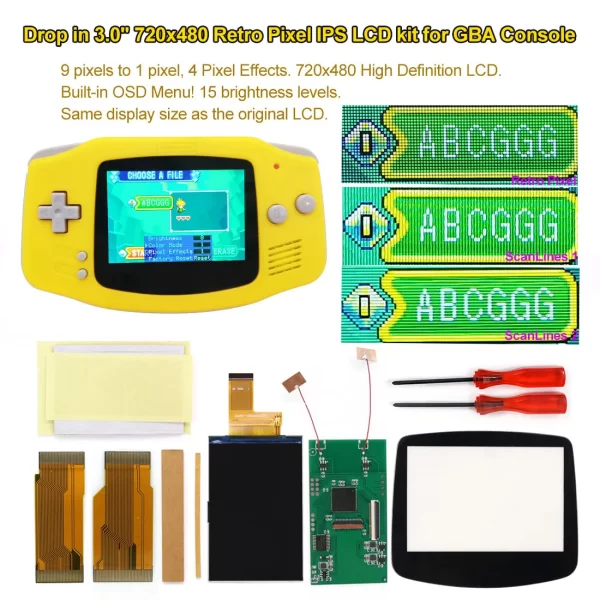 Gameboy Advance 720*480 Drop in IPS LCD Mod Kit Replacement, GBA 3.0" 720*480 Drop in Screen Display with 15 Brightness / Retro Pixel Effect / 9-to-1 / OSD Menu / Add Desaturation + Customzied Housing Case + Tools Full Set - Image 2