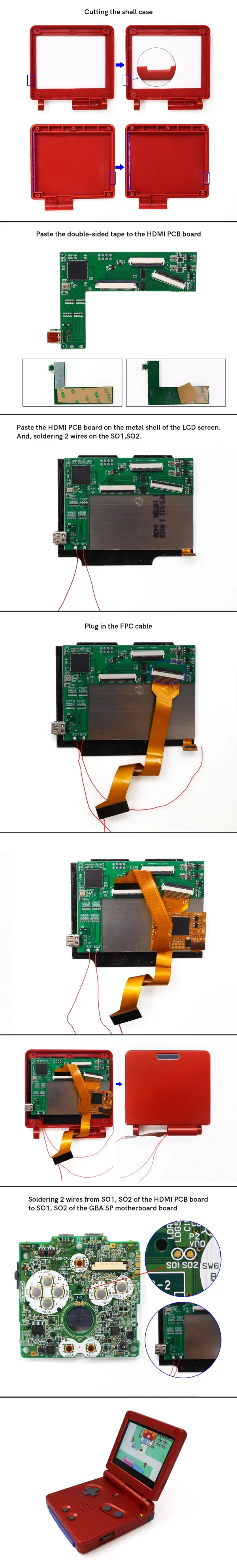 GBA SP HDMI Adapter Internal TV Converter PCB Board Mod Kit, for Nintendo Gameboy Advance SP Modded with V2 V3 IPS LCD Backlight Screen, Support 2 Consoles Play Games on TV, Micro-HDMI AV Video Output + Ribbon sable + Tools - Image 4