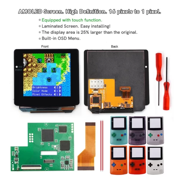GBC Touch Amoled Laminated Screen IPS OLED Mod Kit Replacement + Pre-cut Housing Shell Case, for Nintendo Gameboy Color Game Console, Large High Definition Display 4 Retro Pixel 16-to-1 Glass Len OSD Menu 32 Logo 10 Brightness Levels
